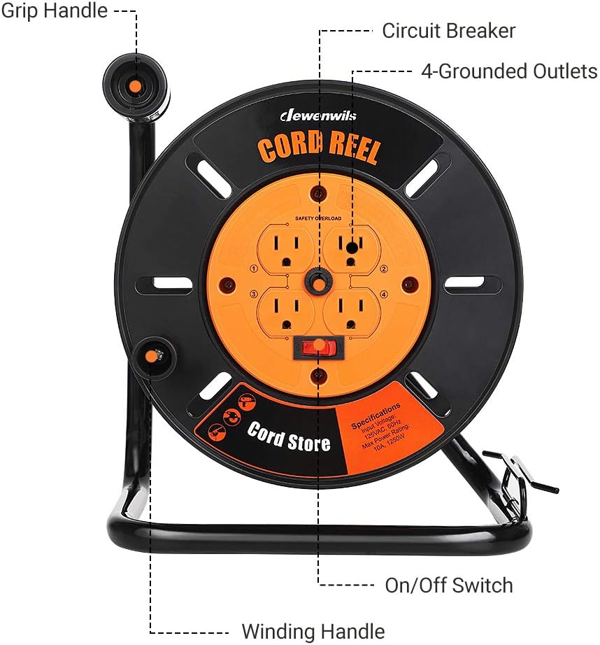 DEWENWILS Extension Cord Storage Reel with 4-Grounded Outlets, Heavy Duty Open Cord Reel for 12/3,14/3,16/3 Gauge Power Cord, Hand Wind Retractable, 10A Circuit Breaker, Rocker Power Switch - Image 2