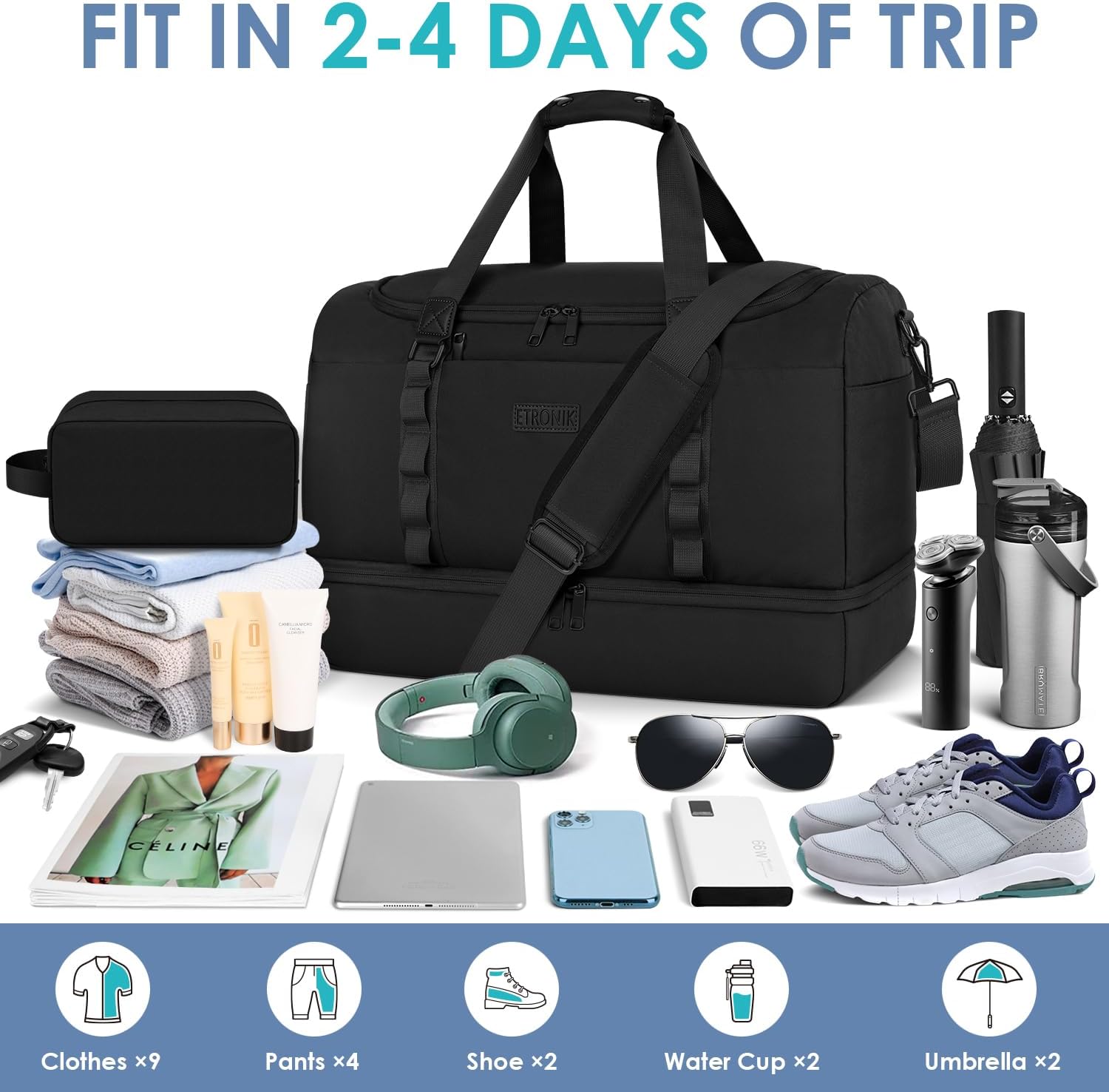 Travel Bag for Men Women, Duffle Bag & Gym Bag with Shoe Compartment, Weekender Overnight Bag with Toiletry Bag, Carry on Bags for Airplane for Travel, Trip, Gym, Yoga, Black - Image 2