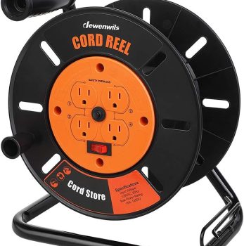 DEWENWILS Extension Cord Storage Reel with 4-Grounded Outlets, Heavy Duty Open Cord Reel for 12/3,14/3,16/3 Gauge Power Cord, Hand Wind Retractable, 10A Circuit Breaker, Rocker Power Switch