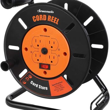 DEWENWILS Extension Cord Storage Reel with 4-Grounded Outlets, Heavy Duty Open Cord Reel for 12/3,14/3,16/3 Gauge Power Cord, Hand Wind Retractable, 10A Circuit Breaker, Rocker Power Switch